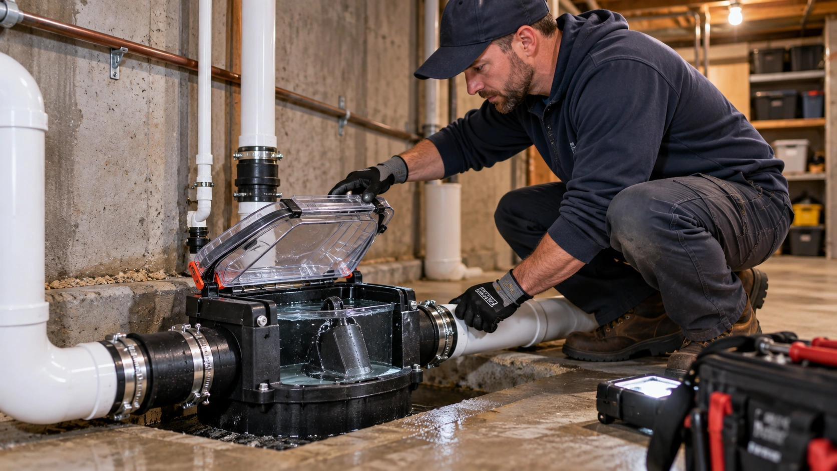 Backwater valve testing after installation.