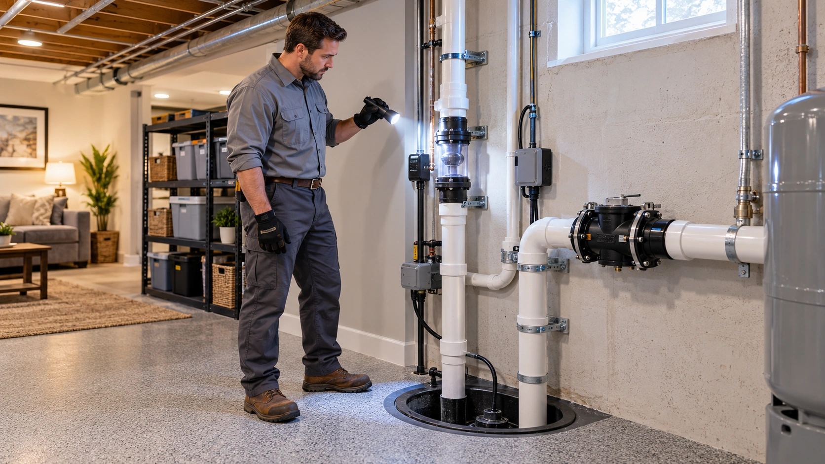 Basement flood prevention plumbing inspection.