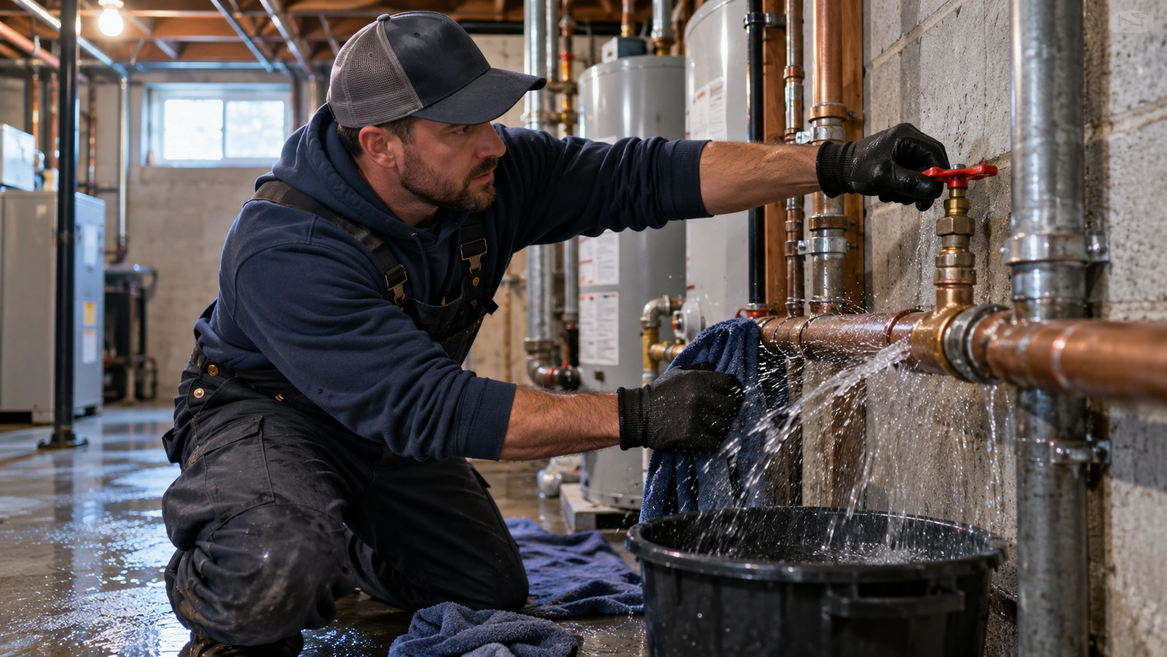 Plumber stopping an active pipe leak.