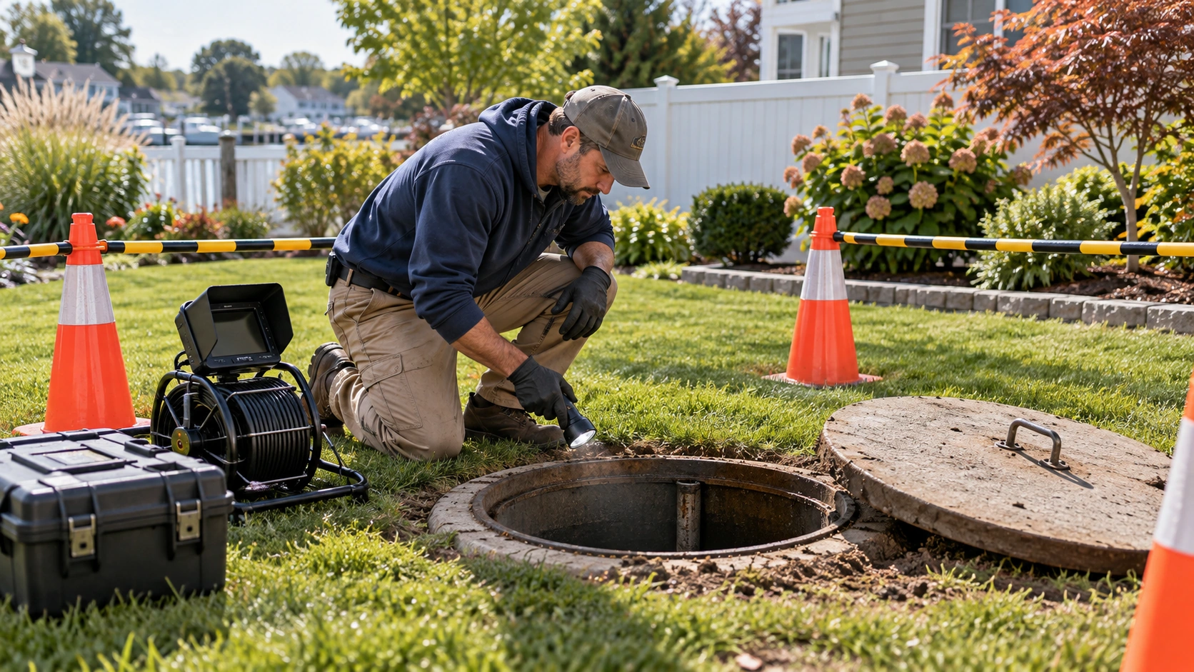 Cesspool access inspection by a service technician.