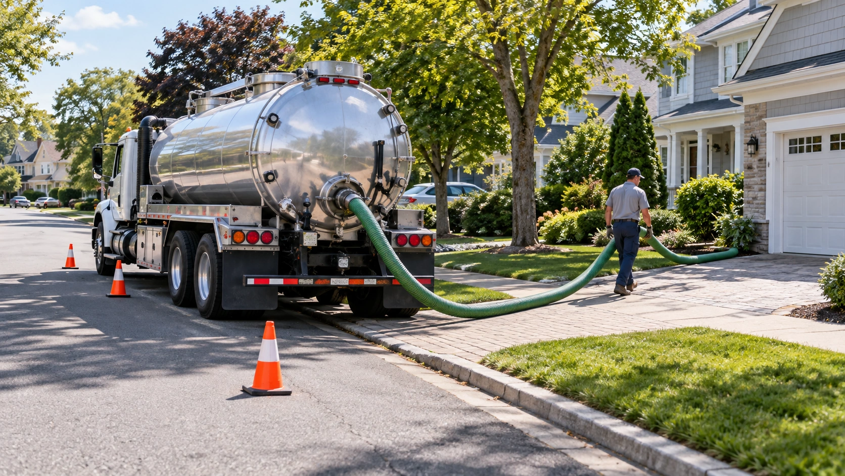 Cesspool pumping truck servicing a home.